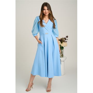Rochie midi bleu din stofa clos cu maneci din voal- LaDonna