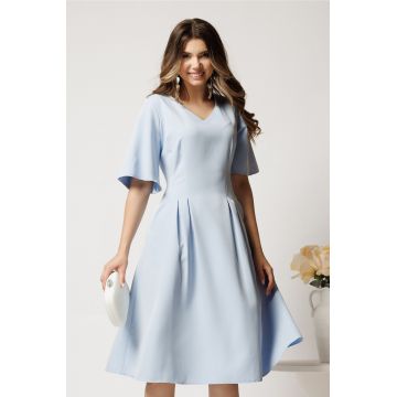 Rochie midi bleu din stofa in clini cu pliuri si buzunare