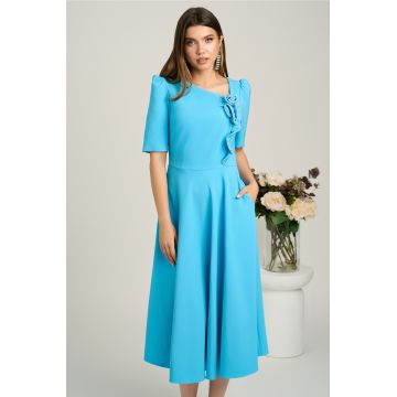 Rochie midi bleu din stofa in clos cu floare si margelute- LaDonna