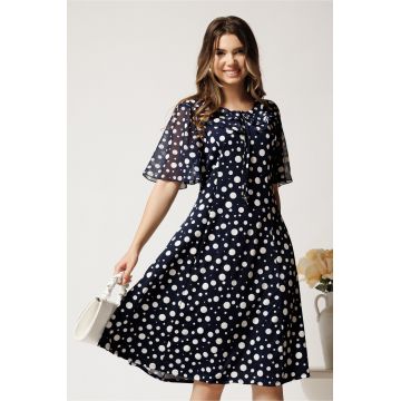 Rochie midi bleumarin din lycra in clini cu buline asimetrice