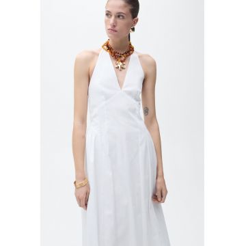 Rochie midi cu decolteu halter si croiala in A - Alb optic -