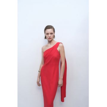 Rochie midi cu decolteu pe un umar si funda