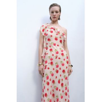 Rochie midi cu decolteu pe un umar si volane