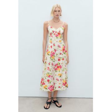 Rochie midi cu imprimeu floral - Alb/Fucsia/Verde aquamarin