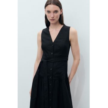 Rochie midi din amestec de in cu cordon in talie si croiala in A - Negru -