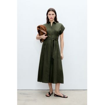 Rochie midi din amestec de lyocell si in cu cordon in talie