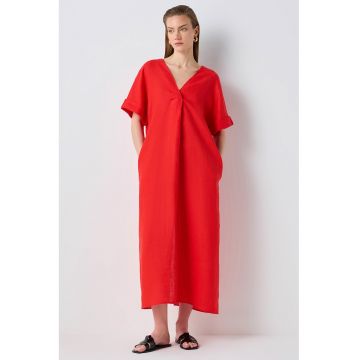 Rochie midi din in cu croiala dreapta si buzunare laterale
