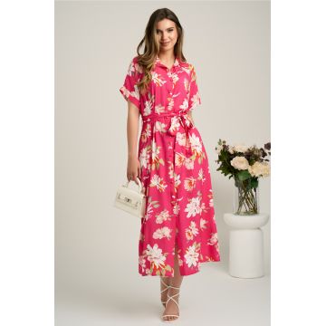 Rochie midi fucsia cu flori albe din viscoza in clini cu nasturi si cordon in talie