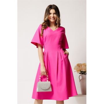 Rochie midi fucsia din stofa in clini cu pliuri si buzunare