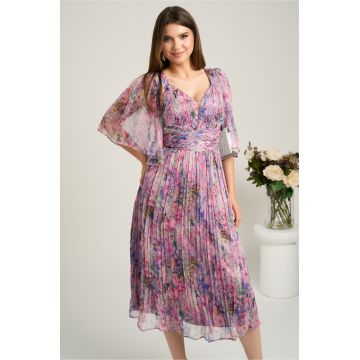 Rochie midi lila din matase naturala cu imprimeuri florale roz- Viada