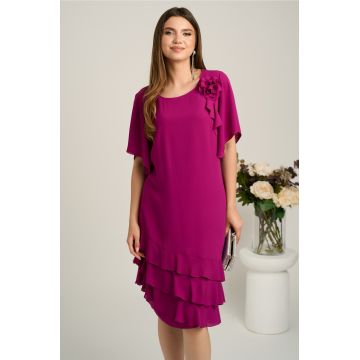 Rochie midi magenta din voal cu croi drept si volane la baza- Viada