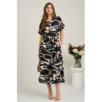Rochie midi neagra cu bej din viscoza in clini cu nasturi si cordon in talie