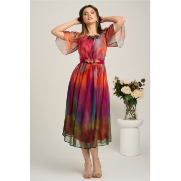 Rochie midi orange din voal in clos cu imprimeuri fucsia si cordon in talie- Viada