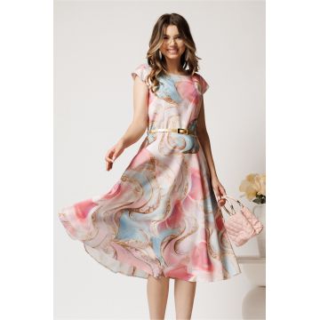Rochie midi roz cu imprimeu bleu in clos cu buzunare si curea in talie