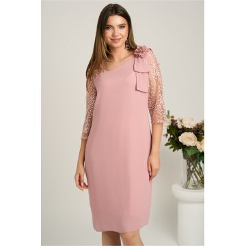 Rochie midi roz din voal cu croi drept si glitter pe maneci- Viada