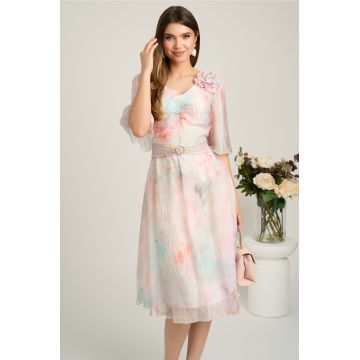 Rochie midi roz din voal cu imprimeuri bleu si floare maxi pe bust- Viada
