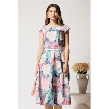 Rochie midi turcoaz cu roz in clos cu buzunare si curea in talie