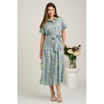 Rochie midi verde cu buline lila din viscoza in clini cu nasturi si cordon in talie