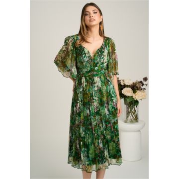 Rochie midi verde din matase naturala cu imprimeuri florale- Viada