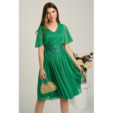 Rochie midi verde din voal in clos cu glitter si broderie in talie