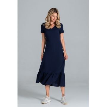 Rochie midi  volane - maneci scurte - bleumarin - bumbac