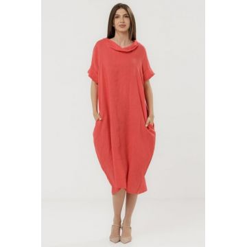 Rochie neagra din in cu croiala oversized si guler lejer, roz inchis