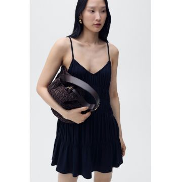 Rochie scurta cu croiala dreapta si segmente cu fronseuri - Bleumarin -