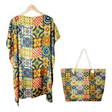 Set rochie tip poncho din matase si geanta mare de vara cu model marocan in culori vibrante