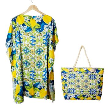 Set rochie tip poncho din matase si geanta mare de vara cu model mediteranean cu lamai pe alb, verde si albastru