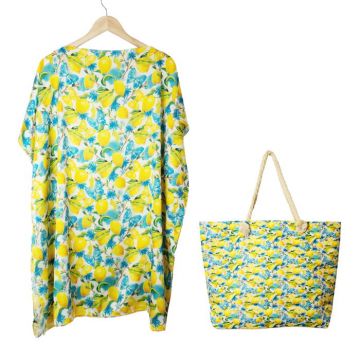 Set rochie tip poncho din matase si geanta mare de vara cu model mediteranean cu lamai si fluturi