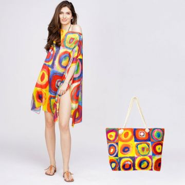 Set rochie tip poncho din matase si geanta mare de vara, cu reproducere dupa Kandinski