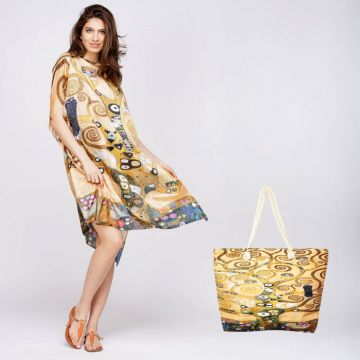 Set rochie tip poncho din matase si geanta mare de vara, reproducere dupa    Pomul Vietii    - Gustav Klimt