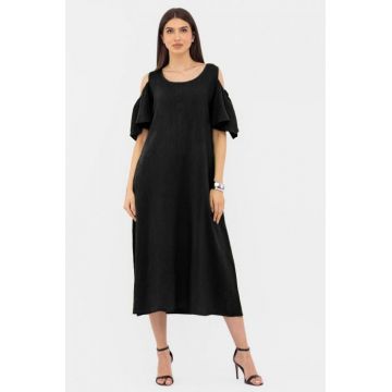 Rochie A-line din in cu umerii goi, lunga,  A-line, neagra