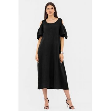 Rochie A-line din in cu umerii goi, lunga,  A-line, neagra