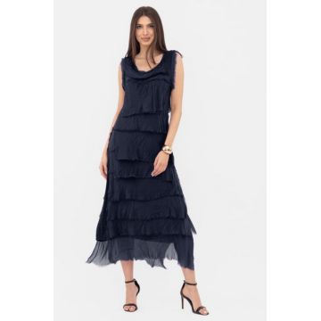 Rochie bleumarin din matase naturala cu  volane franjurate suprapuse, fara maneci