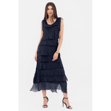 Rochie bleumarin din matase si vascoza cu  volane franjurate suprapuse, fara maneci