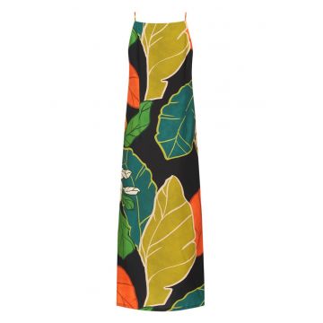 Rochie cu imprimeu tropical si decolteu patrat