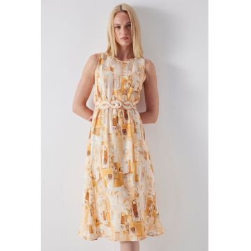 Rochie din amestec de in - cu imprimeu si decolteu rotund