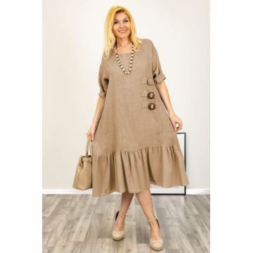 Rochie din in cu volan din matase si nasturi decorativi in laterala, camel