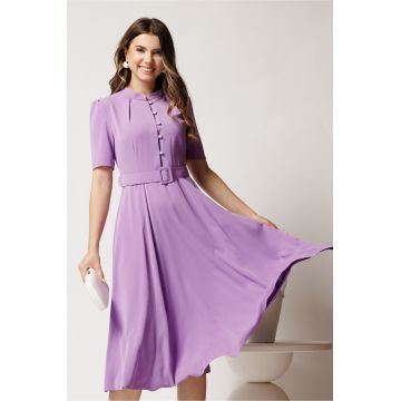 Rochie DY Fashion midi lila in clos din triplu voal cu nasturi la bust si curea in talie