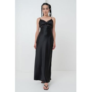 Rochie-furou maxi din satin cu detalii de dantela