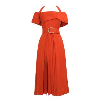 Rochie halter midi cu decolteu pe umeri