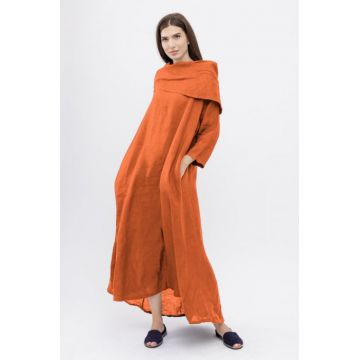 Rochie maxi,  A-line, din in, cu guler amplu, caramizie