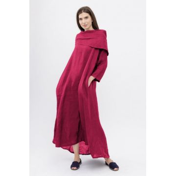 Rochie maxi,  A-line, din in, cu guler amplu, magenta