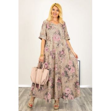 Rochie maxi din in foarte ampla cu imprimeu floral camel