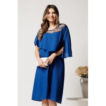 Rochie midi albastra din voal dreapta cu volan si broderie pe bust