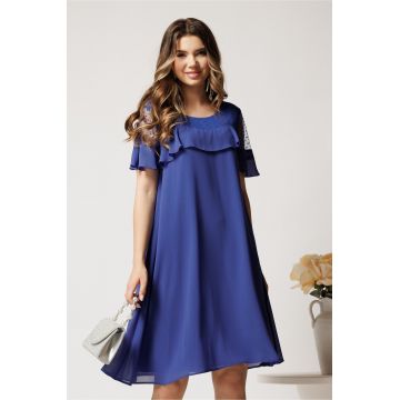 Rochie midi albastra din voal tip A cu tull si buline catifelate la bust