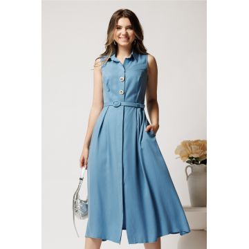 Rochie midi bleu din tencel in clos cu nasturi si curea