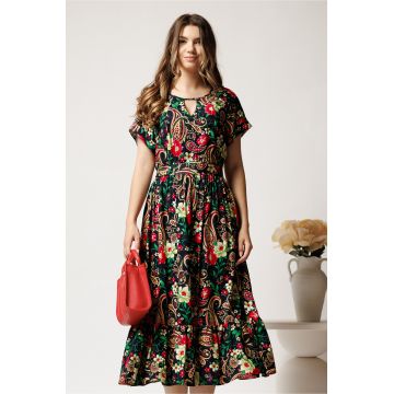 Rochie midi bleumarin din viscoza in clos cu flori fucsia si cordon in talie