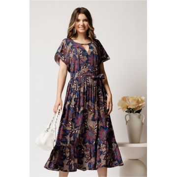 Rochie midi bleumarin din viscoza in clos cu imprimeu maro si cordon in talie